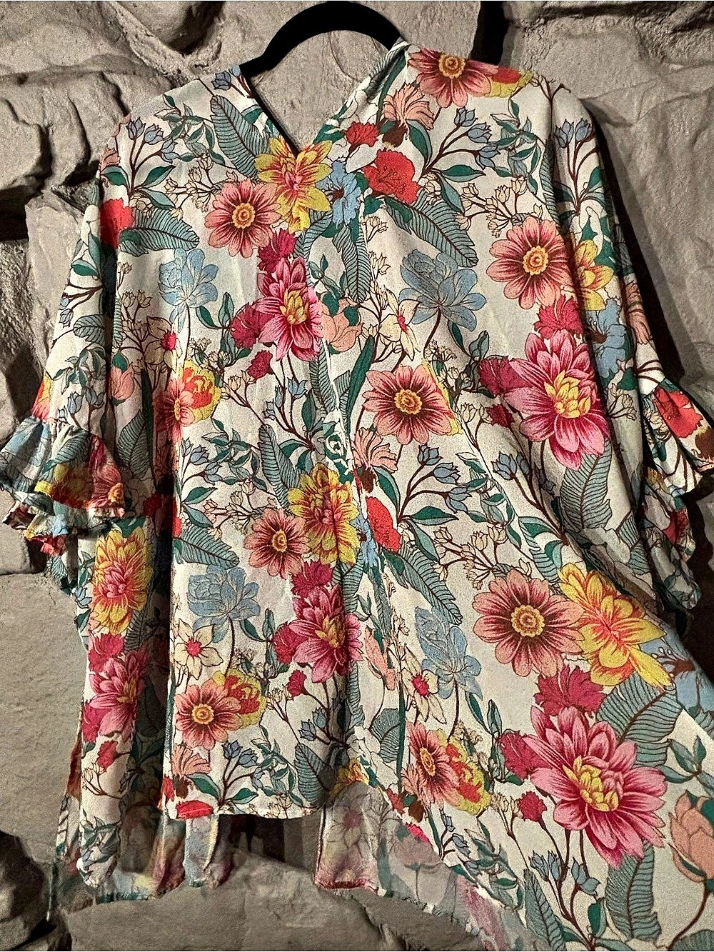 Umgee Floral Print Ruffle Sleeve Open Front Kimono Cardigan Blouse Blue & Pink - Picture 6 of 6
